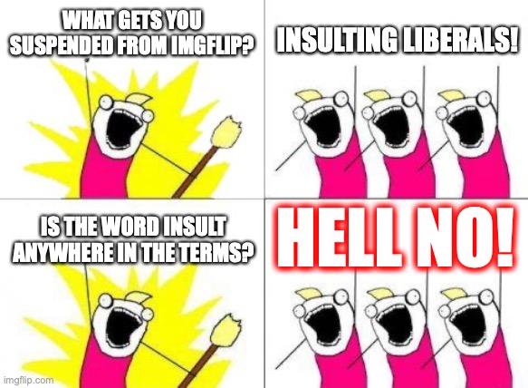 Enforcing rules that do not exist to protect snowflakes that can't handle reality. I give you Imgflip mods! | WHAT GETS YOU SUSPENDED FROM IMGFLIP? INSULTING LIBERALS! HELL NO! IS THE WORD INSULT ANYWHERE IN THE TERMS? | image tagged in 2022,snowflakes,liberals,pussies,liars,butthurt | made w/ Imgflip meme maker