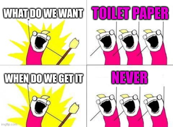 What Do We Want | WHAT DO WE WANT; TOILET PAPER; NEVER; WHEN DO WE GET IT | image tagged in memes,what do we want | made w/ Imgflip meme maker