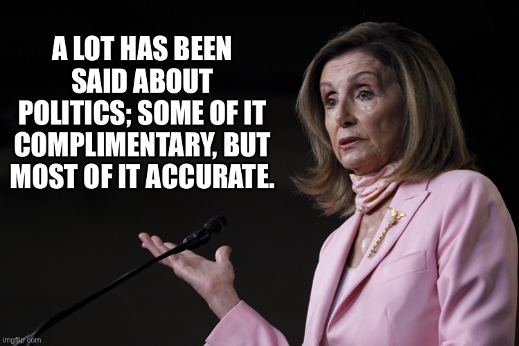 Politics | A LOT HAS BEEN SAID ABOUT POLITICS; SOME OF IT COMPLIMENTARY, BUT MOST OF IT ACCURATE. | image tagged in nancy pelosi dictator,politics,government,political jokes get elected | made w/ Imgflip meme maker