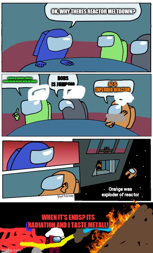If Chernobyl Mode Was added to Among us | OK, WHY THERES REACTOR MELTDOWN? POWER IS RAISING, I WOULD CHECK WATER VALVES WITH TOPTUNOV; RODS IS JUMPING; AZ-5 EXPLODED REACTOR; Orange was exploder of reactor; WHEN IT'S ENDS? ITS RADIATION AND I TASTE METALL! | image tagged in among us meeting | made w/ Imgflip meme maker