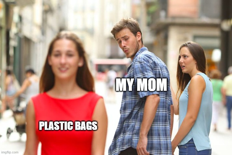 Distracted Boyfriend Meme | MY MOM; PLASTIC BAGS | image tagged in memes,distracted boyfriend | made w/ Imgflip meme maker