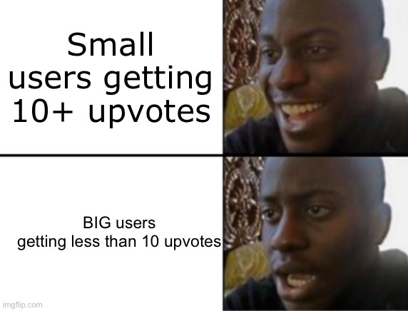 This relatable? |  Small users getting 10+ upvotes; BIG users getting less than 10 upvotes | image tagged in imgflip users,points,oh no | made w/ Imgflip meme maker