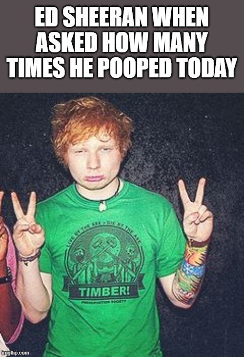 Ed Sheeran When Asked How Many Times He Pooped Today | ED SHEERAN WHEN ASKED HOW MANY TIMES HE POOPED TODAY | image tagged in ed sheeran,pooped,peace sign,funny,memes,funny memes | made w/ Imgflip meme maker