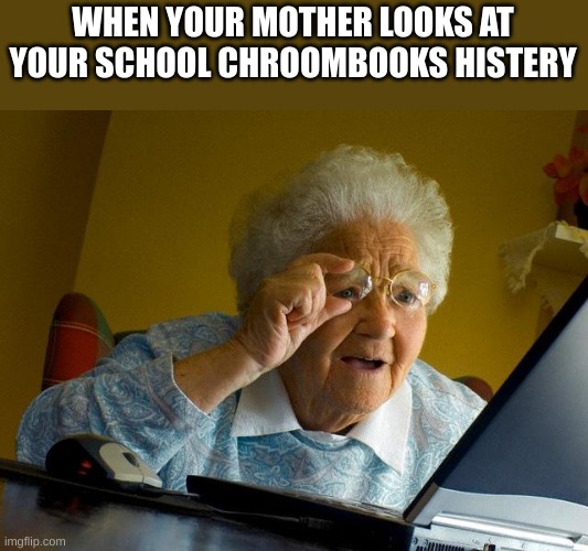 Grandma Finds The Internet | WHEN YOUR MOTHER LOOKS AT YOUR SCHOOL CHROOMBOOKS HISTERY | image tagged in memes,grandma finds the internet | made w/ Imgflip meme maker