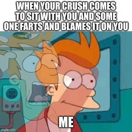 fry |  WHEN YOUR CRUSH COMES TO SIT WITH YOU AND SOME ONE FARTS AND BLAMES IT ON YOU; ME | image tagged in fry | made w/ Imgflip meme maker