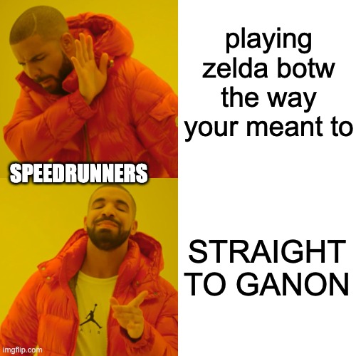 speedrunners | playing zelda botw the way your meant to; SPEEDRUNNERS; STRAIGHT TO GANON | image tagged in memes,drake hotline bling,the legend of zelda breath of the wild | made w/ Imgflip meme maker