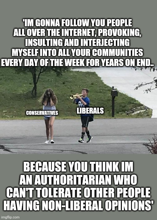 Literally this site. They don't even stay in their specially made politicstoo category..we all know why.. | 'IM GONNA FOLLOW YOU PEOPLE ALL OVER THE INTERNET, PROVOKING, INSULTING AND INTERJECTING MYSELF INTO ALL YOUR COMMUNITIES EVERY DAY OF THE WEEK FOR YEARS ON END.. CONSERVATIVES; LIBERALS; BECAUSE YOU THINK IM AN AUTHORITARIAN WHO CAN'T TOLERATE OTHER PEOPLE HAVING NON-LIBERAL OPINIONS' | image tagged in trumpet boy object labeling | made w/ Imgflip meme maker