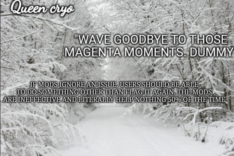 Mods shouldn't be the only solution, and the fact it IS probably explains a lot | IF MODS IGNORE AN ISSUE, USERS SHOULD BE ABLE TO DO SOMETHING OTHER THAN FLAG IT AGAIN. THE MODS ARE INEFFECTIVE AND LITERALLY HELP NOTHING 50% OF THE TIME | image tagged in the snowy temp of queen cryo | made w/ Imgflip meme maker