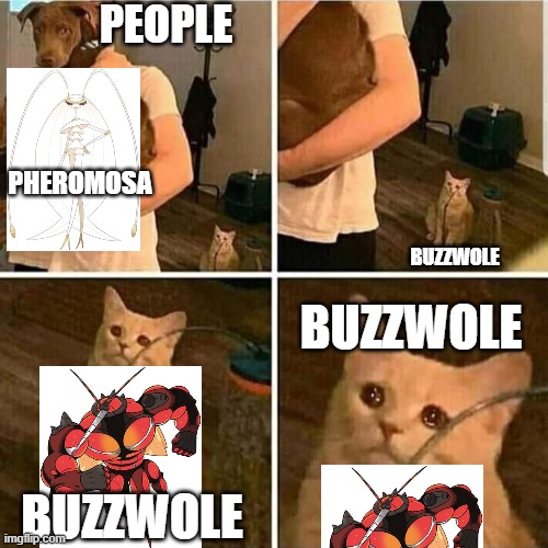 the bug fighting ultra beasts | PEOPLE; PHEROMOSA; BUZZWOLE; BUZZWOLE; BUZZWOLE | image tagged in sad cat holding dog | made w/ Imgflip meme maker