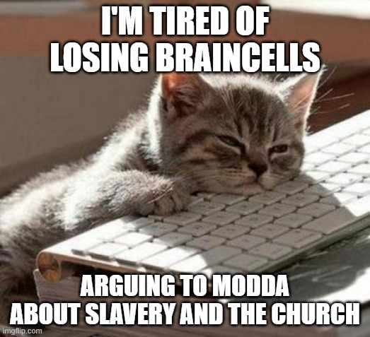 His most recent point was the title, which I said "I see some say the Church liked slavery, but it ain't true" | I'M TIRED OF LOSING BRAINCELLS; ARGUING TO MODDA ABOUT SLAVERY AND THE CHURCH | image tagged in tired cat | made w/ Imgflip meme maker