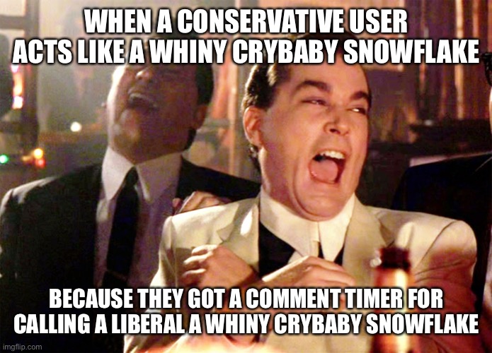 Good Fellas Hilarious | WHEN A CONSERVATIVE USER ACTS LIKE A WHINY CRYBABY SNOWFLAKE; BECAUSE THEY GOT A COMMENT TIMER FOR CALLING A LIBERAL A WHINY CRYBABY SNOWFLAKE | image tagged in memes,good fellas hilarious | made w/ Imgflip meme maker