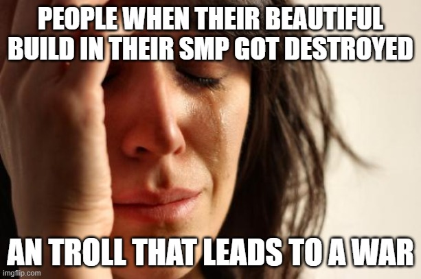 Goodbye, Beautiful Build | PEOPLE WHEN THEIR BEAUTIFUL BUILD IN THEIR SMP GOT DESTROYED; AN TROLL THAT LEADS TO A WAR | image tagged in memes,first world problems | made w/ Imgflip meme maker