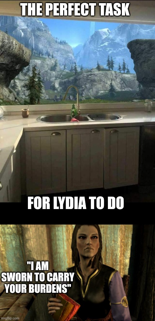 JUST LEAVE HER IN THE KITCHEN | THE PERFECT TASK; FOR LYDIA TO DO; "I AM SWORN TO CARRY YOUR BURDENS" | image tagged in memes,skyrim,lydia,skyrim meme,video games | made w/ Imgflip meme maker