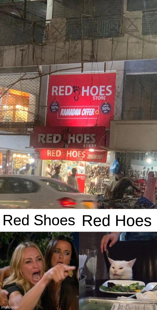 Woman Yelling At Cat | Red Shoes; Red Hoes | image tagged in memes,woman yelling at cat,design fails,logo | made w/ Imgflip meme maker