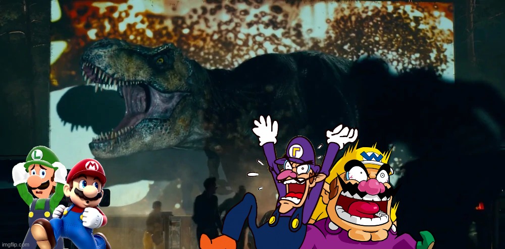 Wario and his friends dies by Rexy while watch a movie.mp3 | image tagged in wario dies,wario,jurassic park,jurassic world,t rex,dinosaur | made w/ Imgflip meme maker