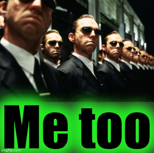 multiple agent smiths from the matrix | Me too | image tagged in multiple agent smiths from the matrix | made w/ Imgflip meme maker