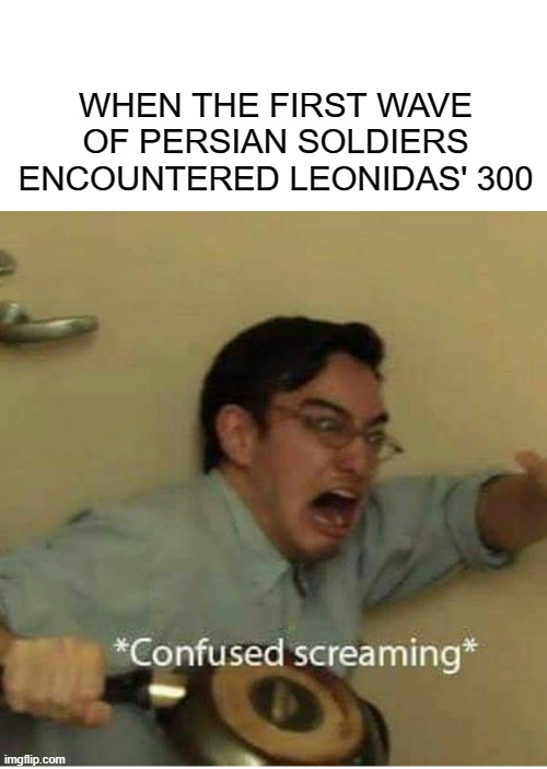 The 300 | WHEN THE FIRST WAVE OF PERSIAN SOLDIERS ENCOUNTERED LEONIDAS' 300 | image tagged in confused screaming | made w/ Imgflip meme maker