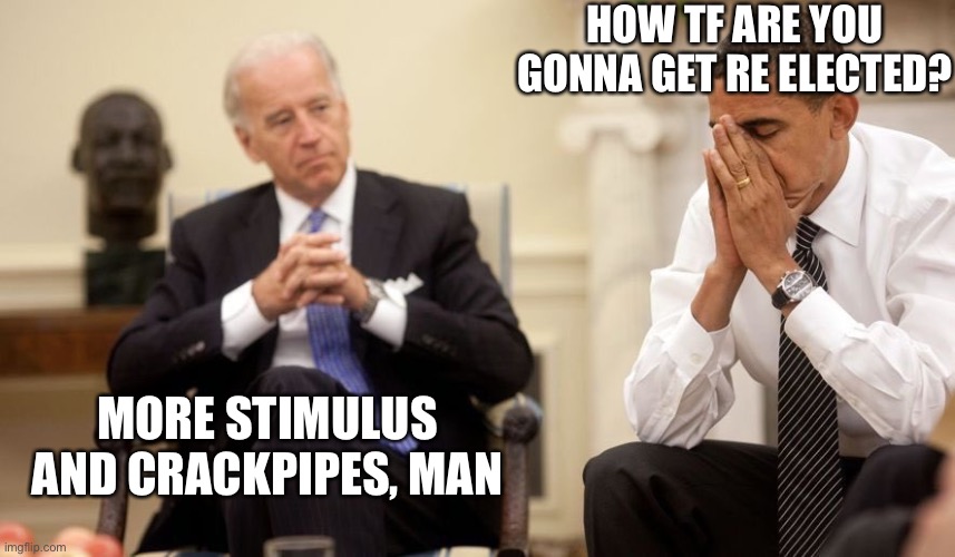 Biden Obama | HOW TF ARE YOU GONNA GET RE ELECTED? MORE STIMULUS AND CRACKPIPES, MAN | image tagged in biden obama,election,presidential race | made w/ Imgflip meme maker