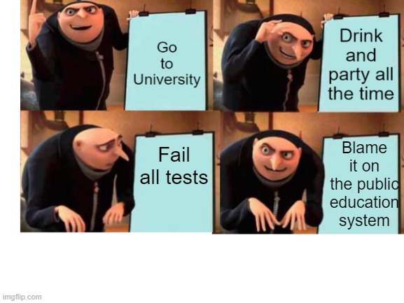 Blame it on the public education system; Fail all tests | image tagged in gru's plan | made w/ Imgflip meme maker