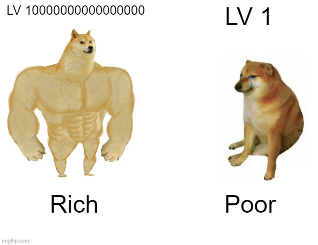 When they say ur poor and weak | LV 10000000000000000; LV 1; Rich; Poor | image tagged in memes,buff doge vs cheems | made w/ Imgflip meme maker