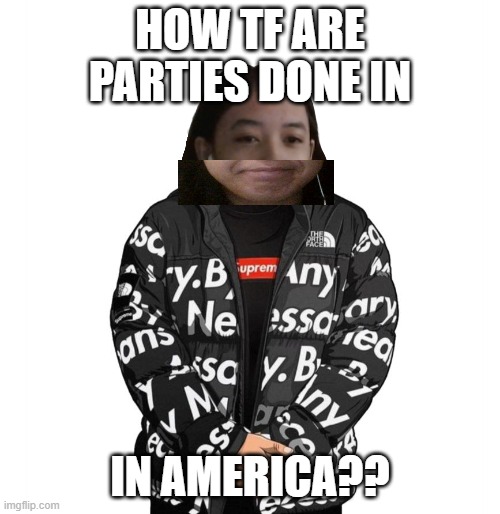 In the Philippines, it's just pancit, karaoke, and lots and lots of food. That's it. | HOW TF ARE PARTIES DONE IN; IN AMERICA?? | image tagged in jemy cursed drip | made w/ Imgflip meme maker