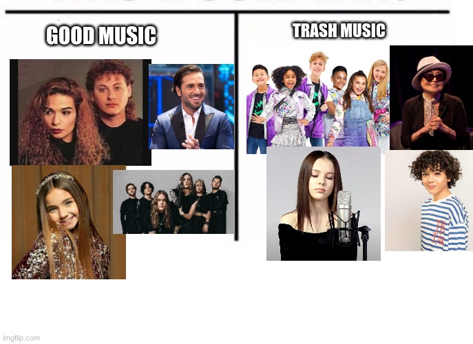 Good Music vs Trash Music | TRASH MUSIC; GOOD MUSIC | image tagged in comparison table,memes,daneliya tuleshova sucks,david bustamante,valentina tronel,enzo shitlaire | made w/ Imgflip meme maker