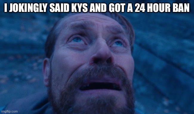 Get a job olympian | I JOKINGLY SAID KYS AND GOT A 24 HOUR BAN | image tagged in willem dafoe | made w/ Imgflip meme maker