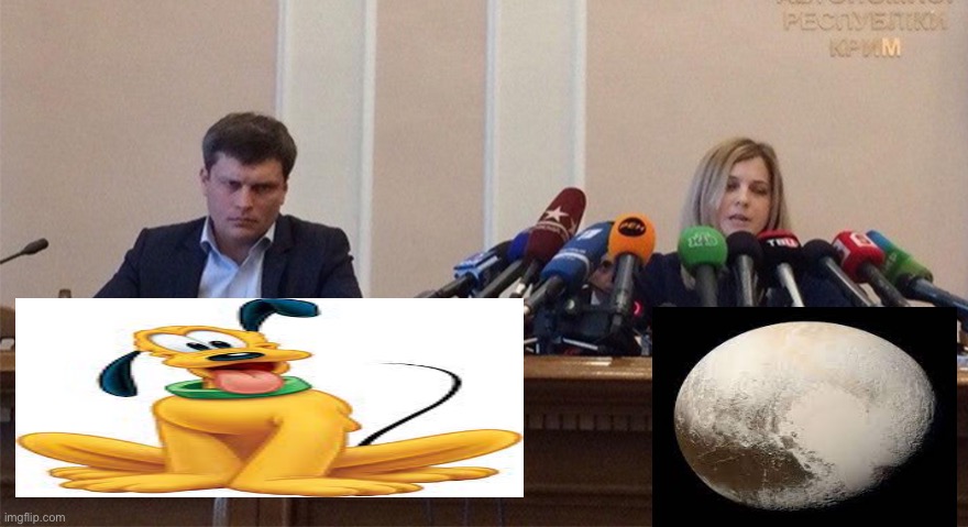 Pluto | image tagged in man and woman microphone | made w/ Imgflip meme maker