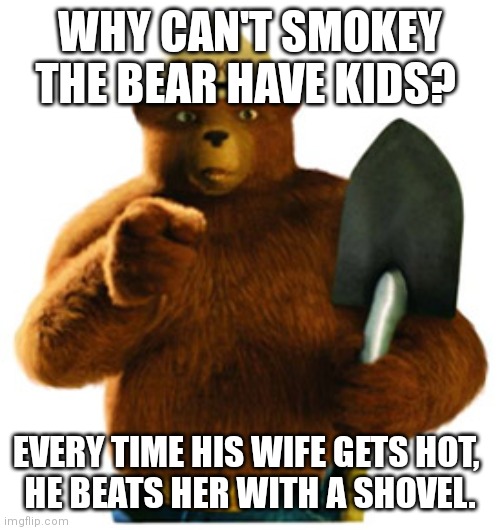 Smokey Bear | WHY CAN'T SMOKEY THE BEAR HAVE KIDS? EVERY TIME HIS WIFE GETS HOT, 
HE BEATS HER WITH A SHOVEL. | image tagged in smokey bear | made w/ Imgflip meme maker