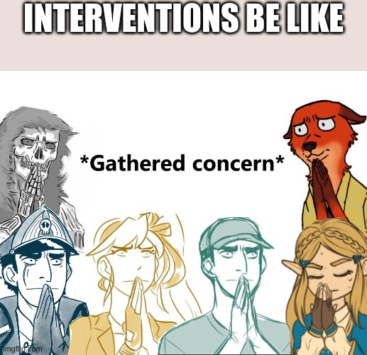 Gathered concern | INTERVENTIONS BE LIKE | image tagged in gathered concern | made w/ Imgflip meme maker