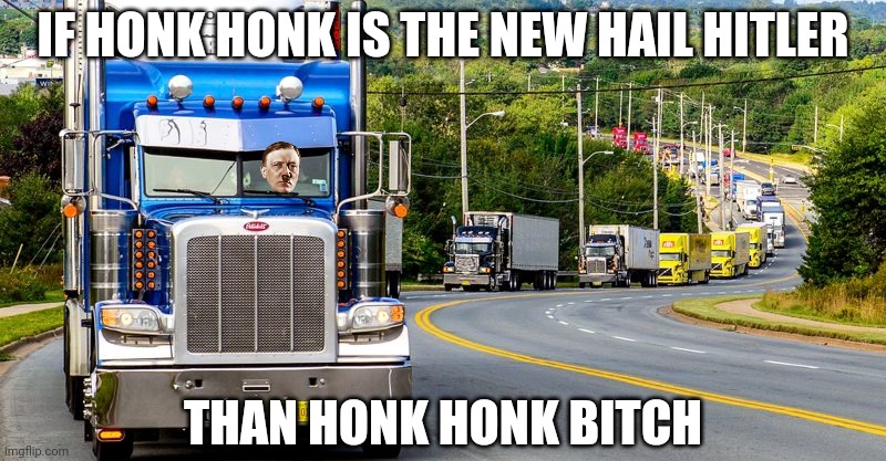 Trucker Convoy | IF HONK HONK IS THE NEW HAIL HITLER; THAN HONK HONK BITCH | image tagged in trucker convoy | made w/ Imgflip meme maker