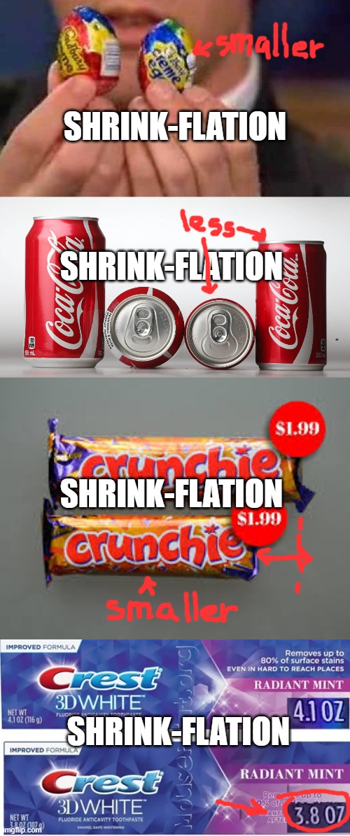 Because Inflation is a GOOD thing we get to pay the same for Less Quantity | SHRINK-FLATION; SHRINK-FLATION; SHRINK-FLATION; SHRINK-FLATION | image tagged in candy,coke | made w/ Imgflip meme maker