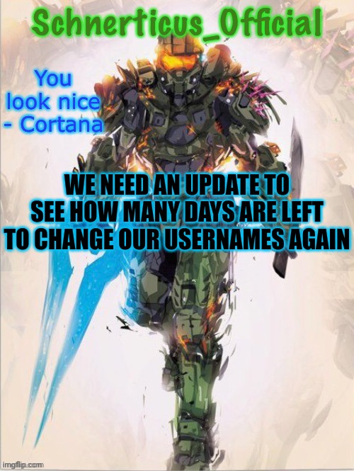 Master Chief temp for Schnerticus | WE NEED AN UPDATE TO SEE HOW MANY DAYS ARE LEFT TO CHANGE OUR USERNAMES AGAIN | image tagged in master chief temp for schnerticus | made w/ Imgflip meme maker