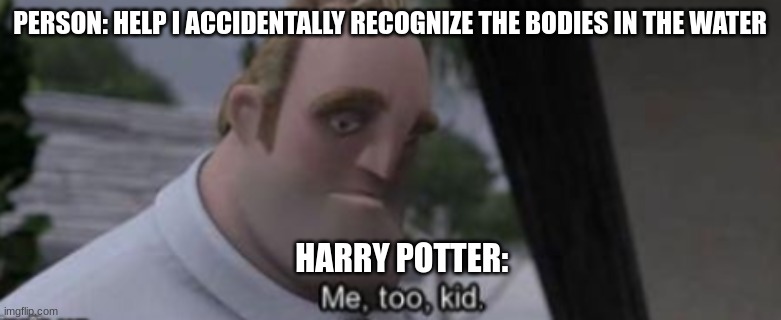 me too kid | PERSON: HELP I ACCIDENTALLY RECOGNIZE THE BODIES IN THE WATER HARRY POTTER: | image tagged in me too kid | made w/ Imgflip meme maker