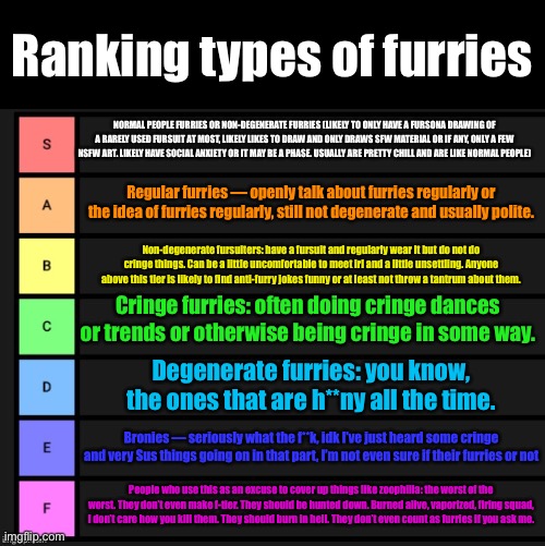 Made a tier list, I was bored | Ranking types of furries; NORMAL PEOPLE FURRIES OR NON-DEGENERATE FURRIES (LIKELY TO ONLY HAVE A FURSONA DRAWING OF A RARELY USED FURSUIT AT MOST, LIKELY LIKES TO DRAW AND ONLY DRAWS SFW MATERIAL OR IF ANY, ONLY A FEW NSFW ART. LIKELY HAVE SOCIAL ANXIETY OR IT MAY BE A PHASE. USUALLY ARE PRETTY CHILL AND ARE LIKE NORMAL PEOPLE); Regular furries — openly talk about furries regularly or the idea of furries regularly, still not degenerate and usually polite. Non-degenerate fursuiters: have a fursuit and regularly wear it but do not do cringe things. Can be a little uncomfortable to meet irl and a little unsettling. Anyone above this tier is likely to find anti-furry jokes funny or at least not throw a tantrum about them. Cringe furries: often doing cringe dances or trends or otherwise being cringe in some way. Degenerate furries: you know, the ones that are h**ny all the time. Bronies — seriously what the f**k, idk I’ve just heard some cringe and very Sus things going on in that part, I’m not even sure if their furries or not; People who use this as an excuse to cover up things like zoophilia: the worst of the worst. They don’t even make f-tier. They should be hunted down. Burned alive, vaporized, firing squad, I don’t care how you kill them. They should burn in hell. They don’t even count as furries if you ask me. | image tagged in tier list | made w/ Imgflip meme maker