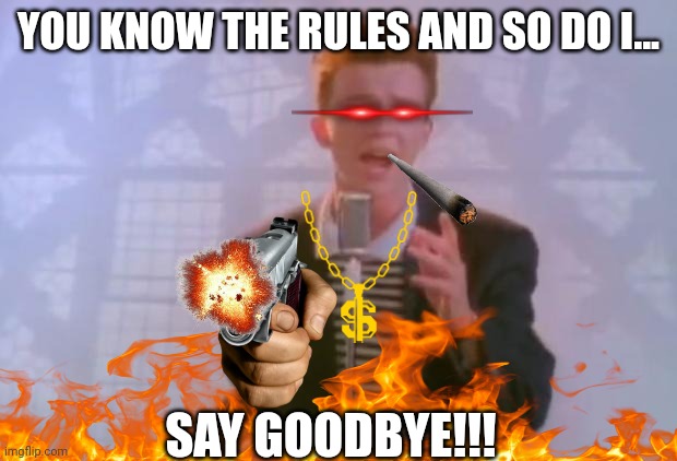 Rick Astley | YOU KNOW THE RULES AND SO DO I... SAY GOODBYE!!! | image tagged in rick astley | made w/ Imgflip meme maker
