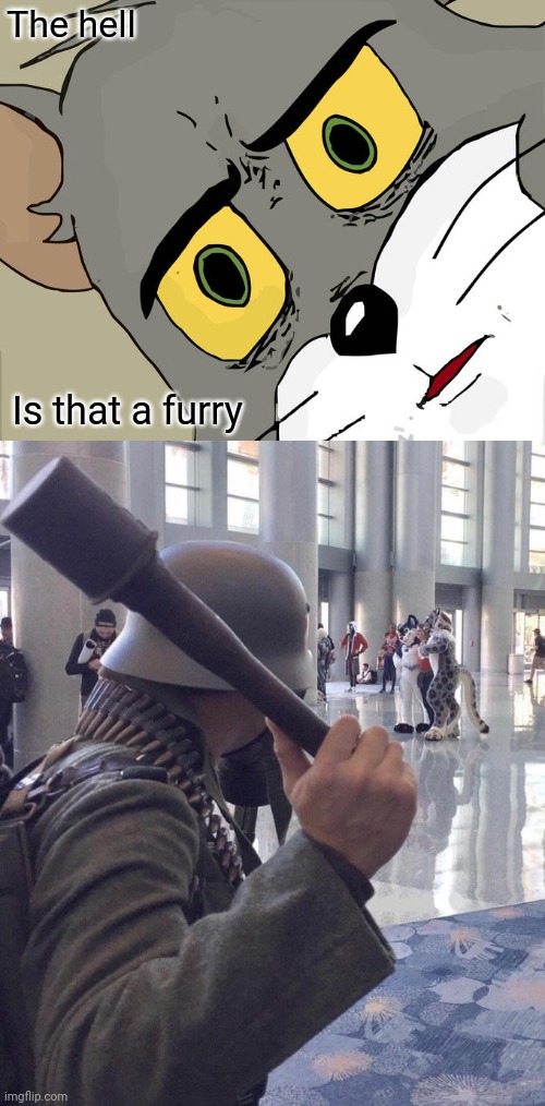 Die furries | The hell; Is that a furry | image tagged in memes,unsettled tom,grenade | made w/ Imgflip meme maker