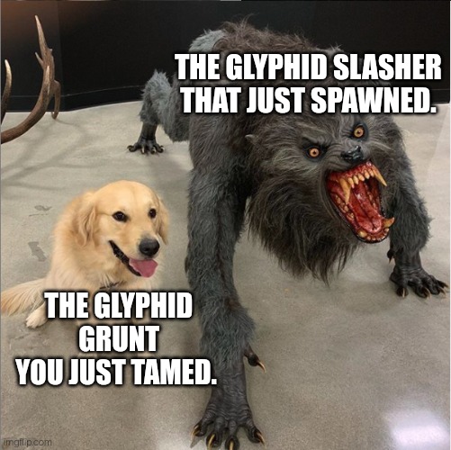dog vs werewolf | THE GLYPHID SLASHER THAT JUST SPAWNED. THE GLYPHID GRUNT YOU JUST TAMED. | image tagged in dog vs werewolf | made w/ Imgflip meme maker