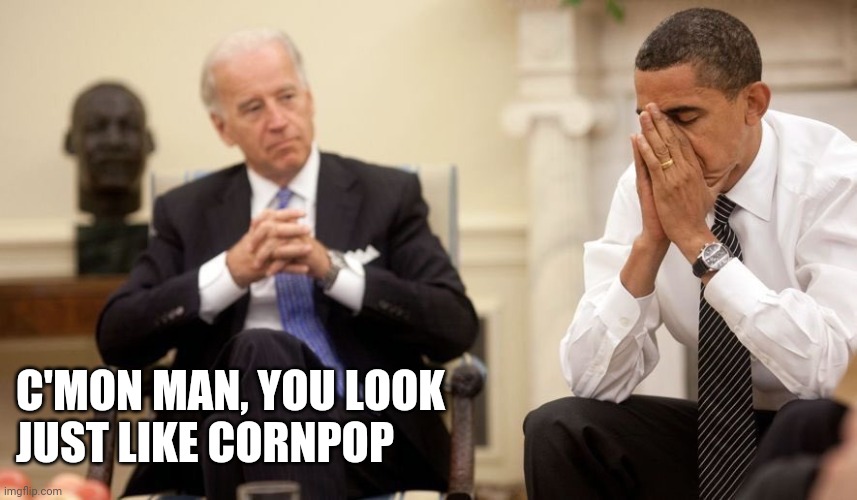 Biden Obama | C'MON MAN, YOU LOOK
JUST LIKE CORNPOP | image tagged in biden obama | made w/ Imgflip meme maker