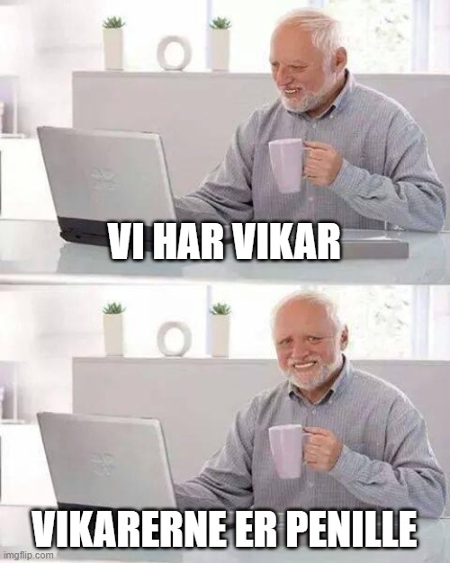 penille | VI HAR VIKAR; VIKARERNE ER PENILLE | image tagged in memes,hide the pain harold | made w/ Imgflip meme maker