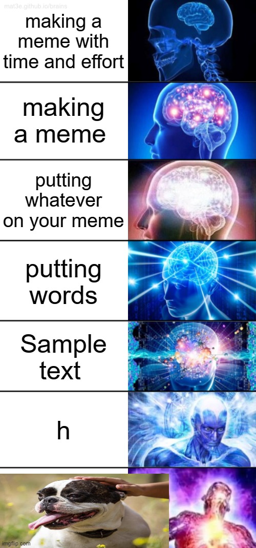 meme | making a meme with time and effort; making a meme; putting whatever on your meme; putting words; Sample text; h | image tagged in 7-tier expanding brain | made w/ Imgflip meme maker