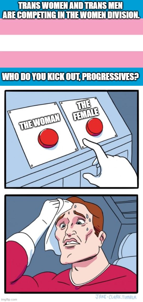In wake of it bubbling up again. You can not have it both way. You are "transphobe" against one of them. | TRANS WOMEN AND TRANS MEN 
ARE COMPETING IN THE WOMEN DIVISION. WHO DO YOU KICK OUT, PROGRESSIVES? THE FEMALE; THE WOMAN | image tagged in transgender flag,memes,two buttons | made w/ Imgflip meme maker