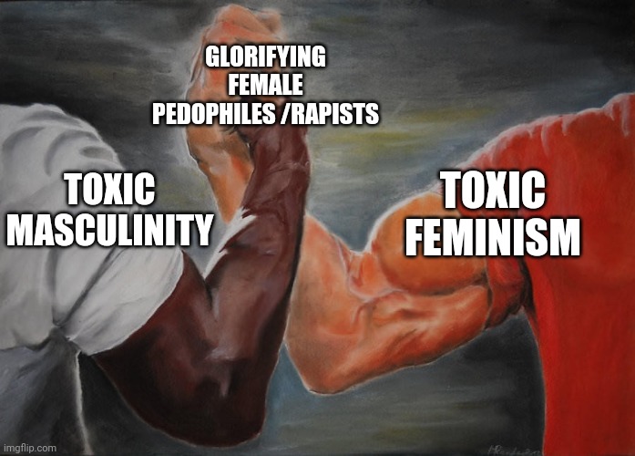 For polar opposite, they have something in common | GLORIFYING FEMALE PEDOPHILES /RAPISTS; TOXIC FEMINISM; TOXIC MASCULINITY | image tagged in holding hands | made w/ Imgflip meme maker