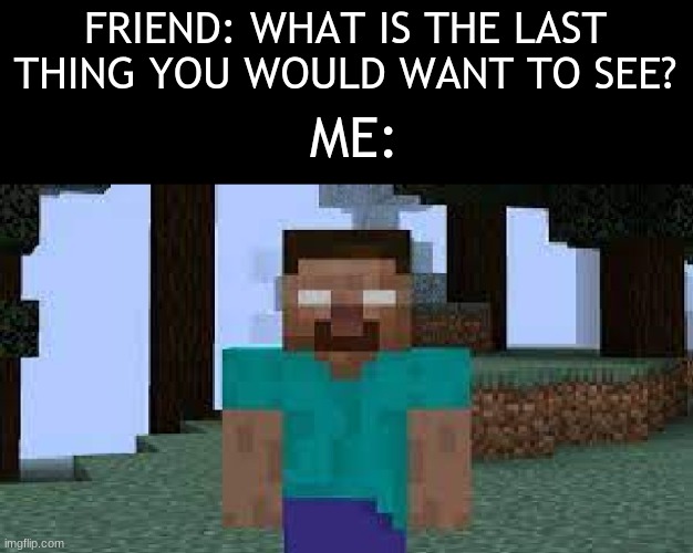 Herobrine | FRIEND: WHAT IS THE LAST THING YOU WOULD WANT TO SEE? ME: | image tagged in herobrine encounter | made w/ Imgflip meme maker