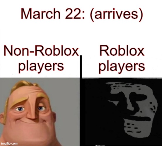 RIP all audios above 6 seconds | March 22: (arrives); Non-Roblox players; Roblox players | image tagged in teacher's copy,roblox | made w/ Imgflip meme maker