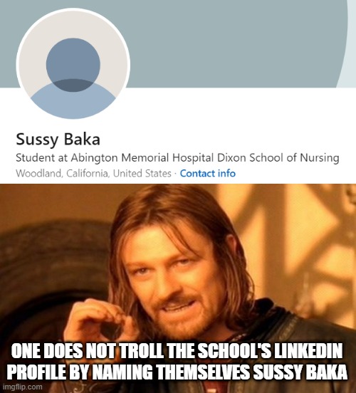 SUSSY BAKA |  ONE DOES NOT TROLL THE SCHOOL'S LINKEDIN PROFILE BY NAMING THEMSELVES SUSSY BAKA | image tagged in memes,linkedin,pretty sus ngl | made w/ Imgflip meme maker