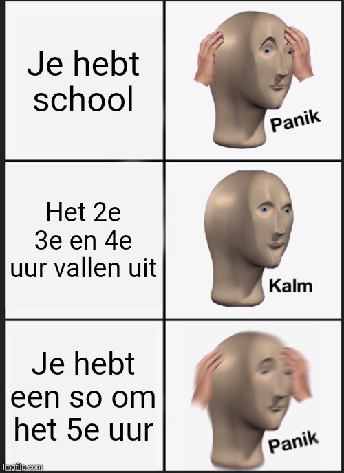 School | Je hebt school; Het 2e 3e en 4e uur vallen uit; Je hebt een so om het 5e uur | image tagged in memes,panik kalm panik | made w/ Imgflip meme maker