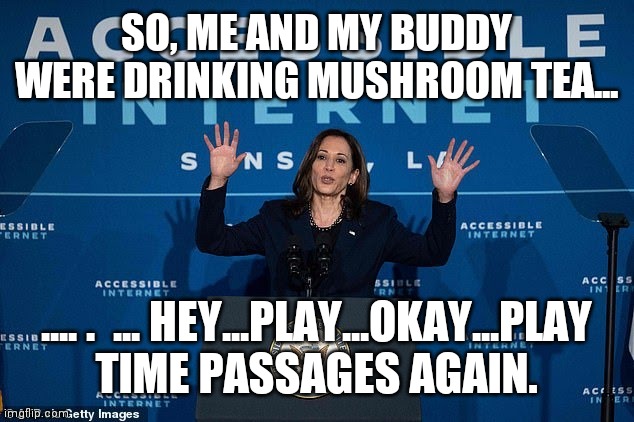 Kamala Harris Goes Deep |  SO, ME AND MY BUDDY WERE DRINKING MUSHROOM TEA... .... .  ... HEY...PLAY...OKAY...PLAY TIME PASSAGES AGAIN. | image tagged in that's what she said,magic mushrooms,soft,rock,candles | made w/ Imgflip meme maker
