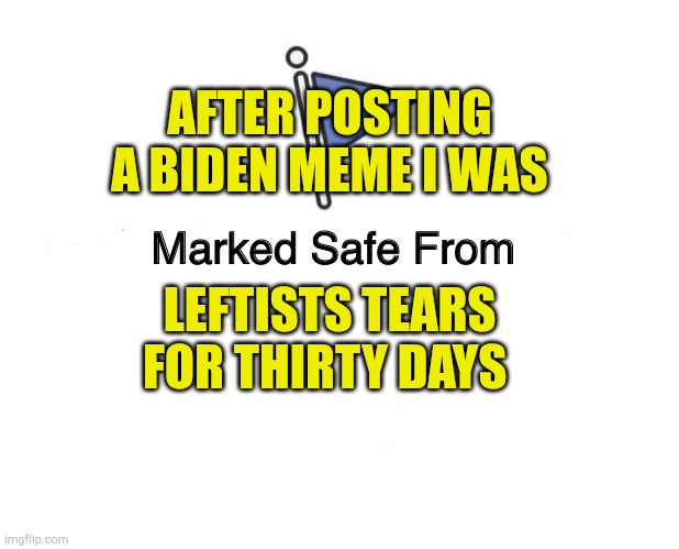 FacistsBook Cares | AFTER POSTING A BIDEN MEME I WAS; LEFTISTS TEARS
FOR THIRTY DAYS | image tagged in marked safe from,censorship,communist socialist,evilmandoevil,fascism,1984 | made w/ Imgflip meme maker