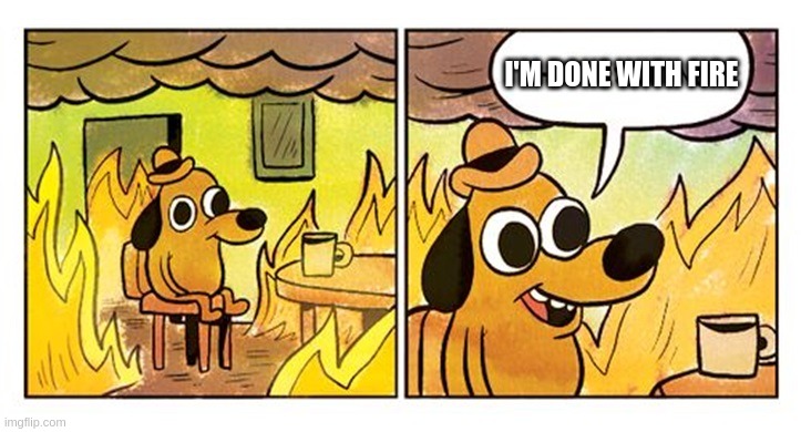 dog on fire |  I'M DONE WITH FIRE | image tagged in dog on fire | made w/ Imgflip meme maker